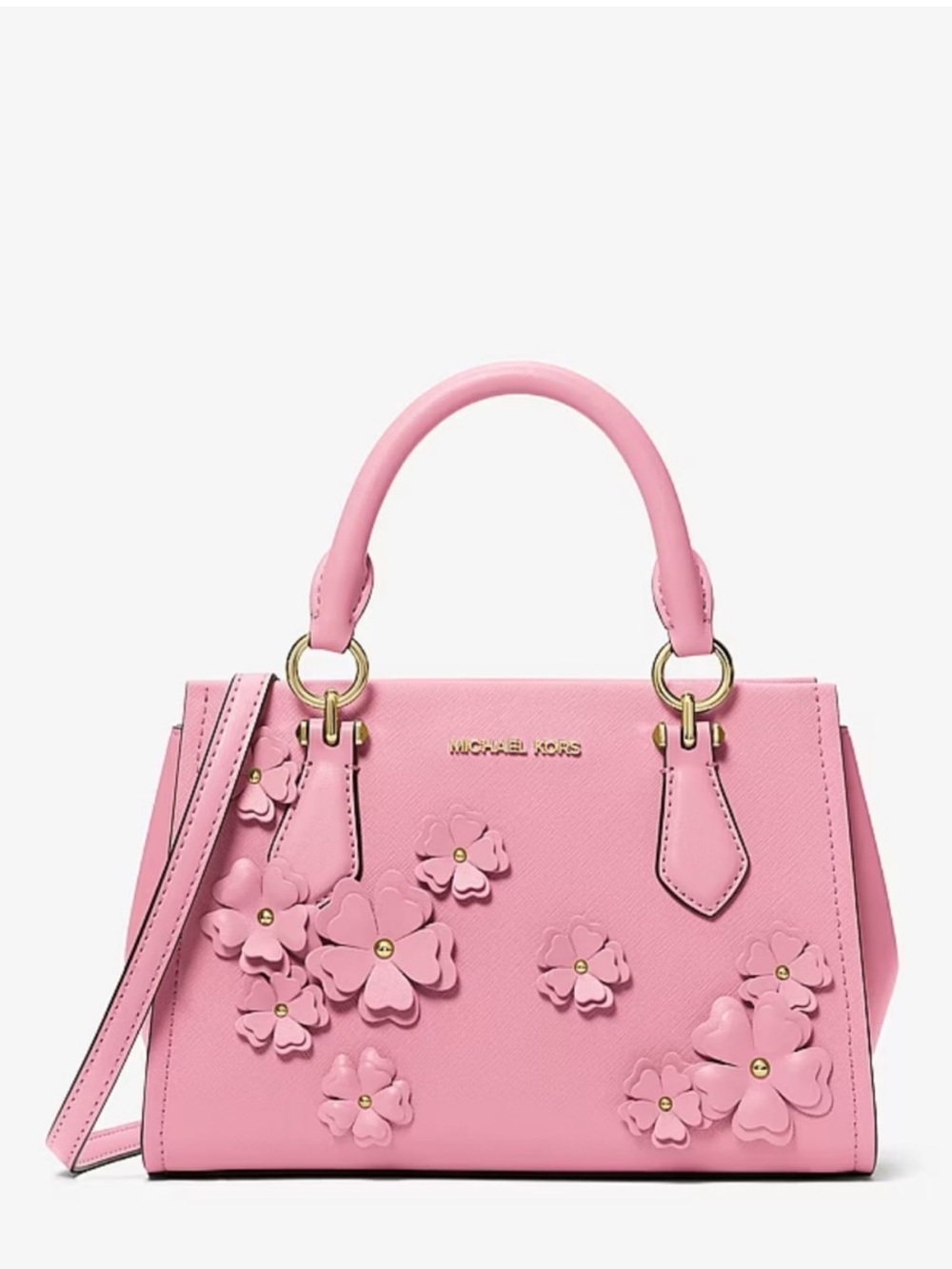 Michael Kors Pink Floral Applique Satchel with Gold Hardware